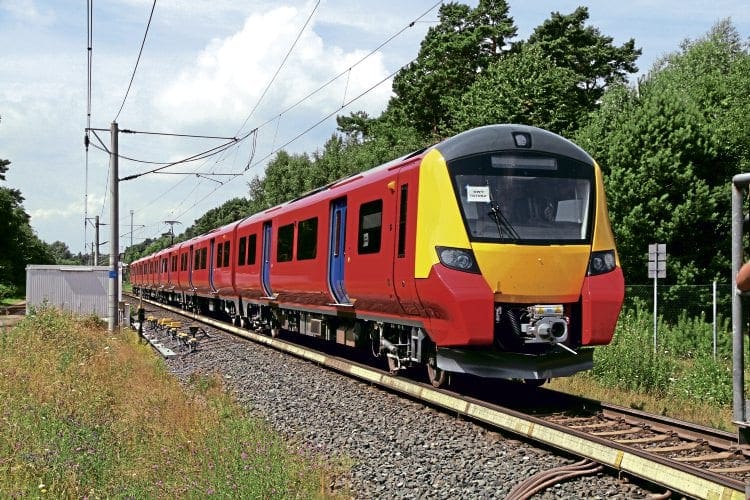 British Rail Class 700 022 (700/0, Unit Number 700022) Siemens Desiro City  Electric Multiple Unit (EMU) train. At London St Pancras International  station, on Govia Thameslink Railway (GTR) Thameslink service 9P59, the